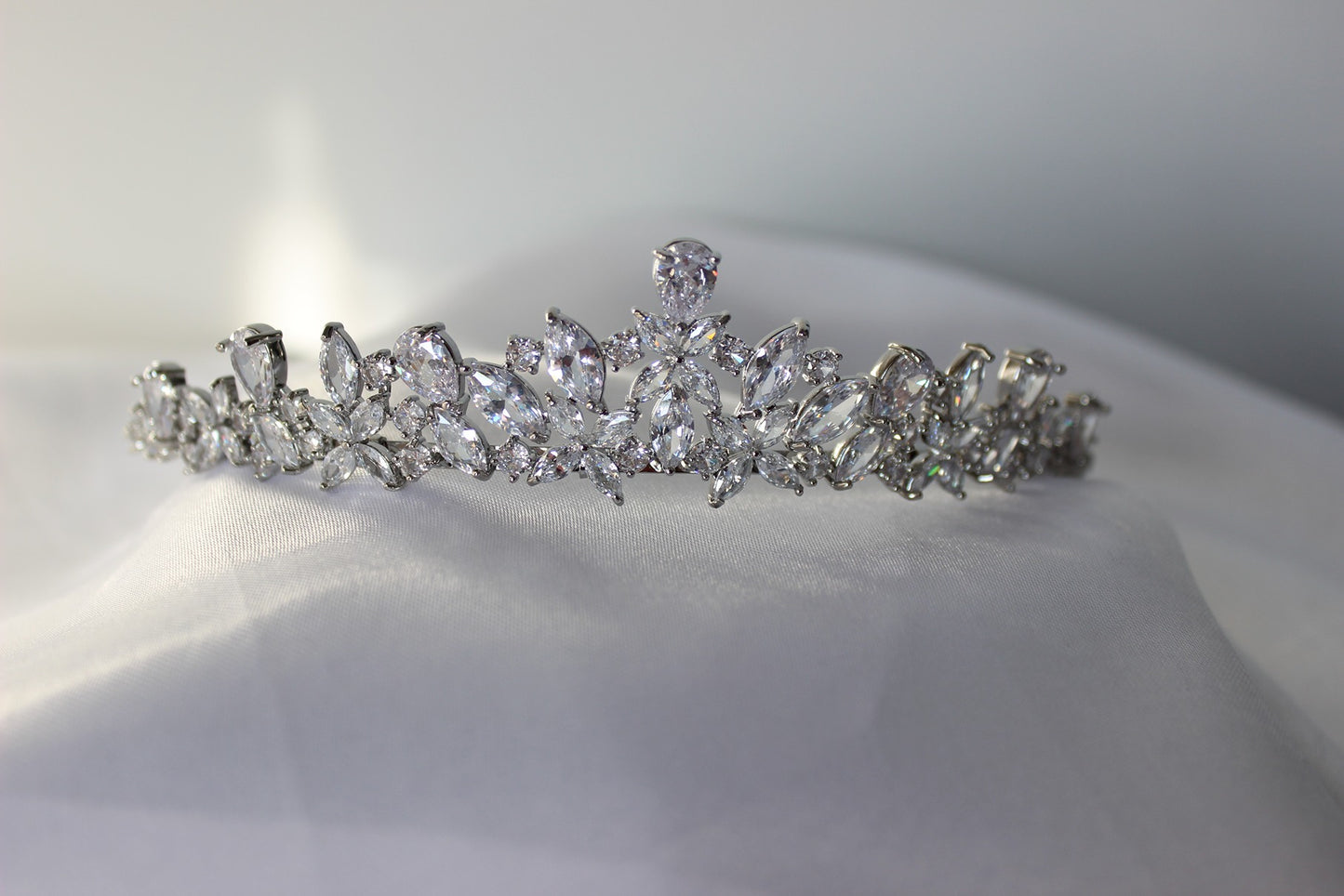 Silver bridal tiara on white background